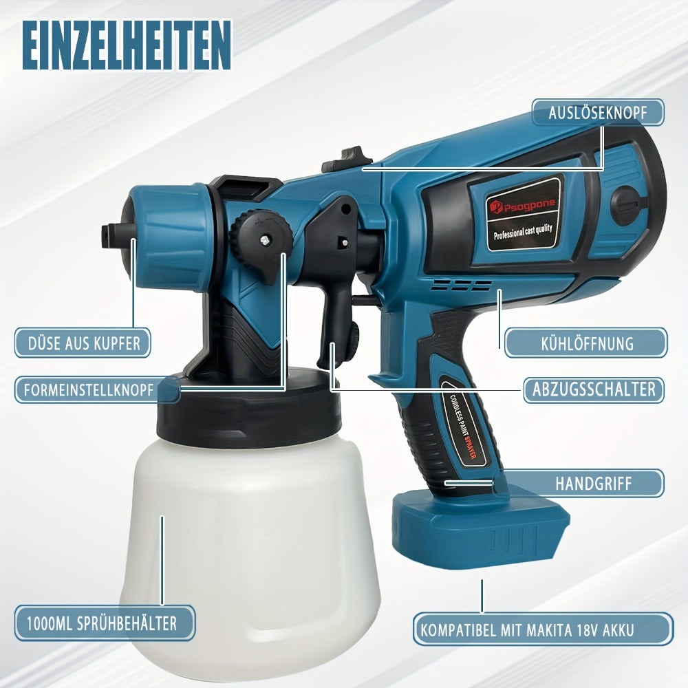 Pistola de pintura inalámbrica compatible con batería Makita de 18V, pistola rociadora de pintura eléctrica de 1000ML con 2 baterías de iones de litio de 3000Mah, aguja de rociado y boquilla de cobre puro, pistola rociadora para cercas, paredes, techos, m
