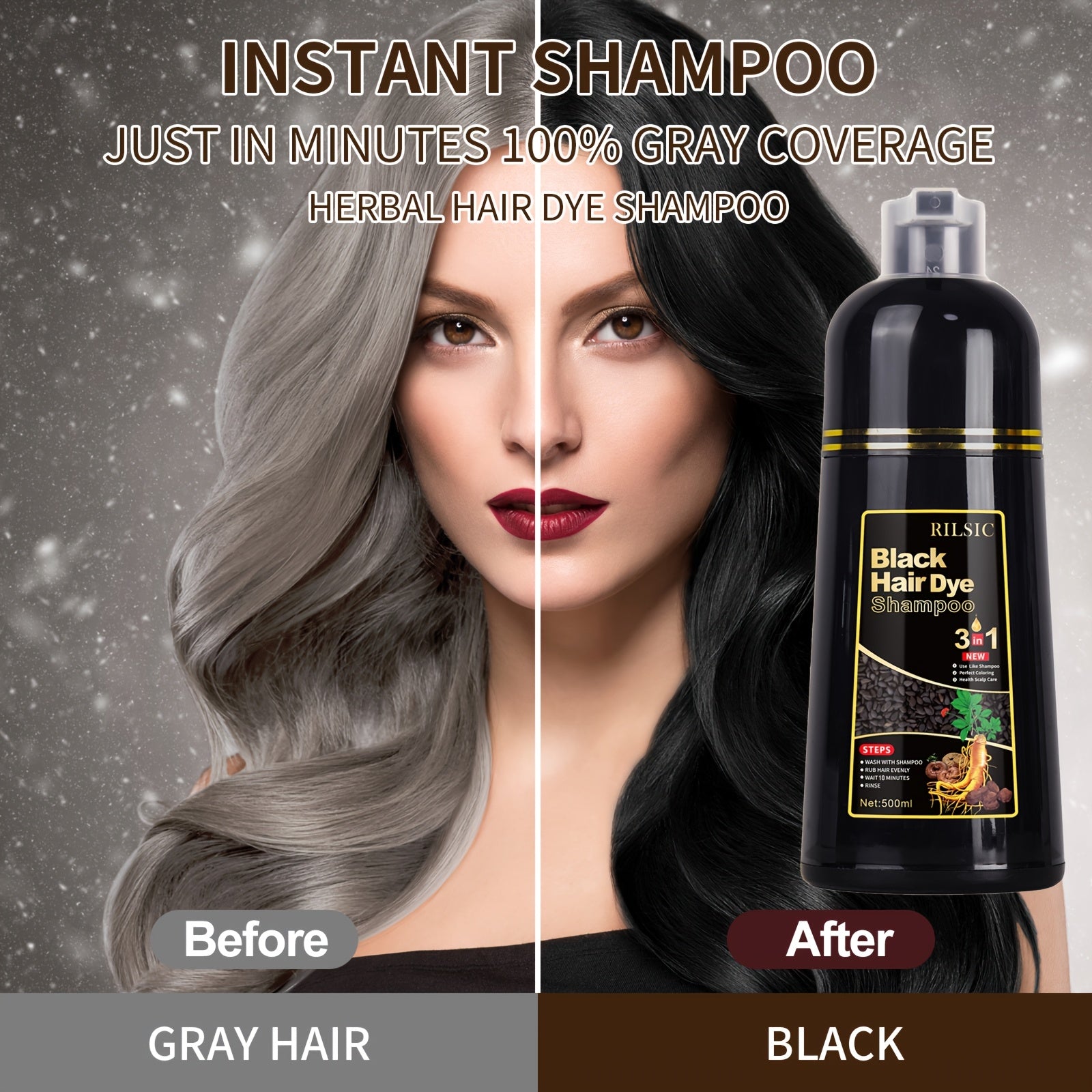 Set de Navidad Imprescindible: 3 Champú Tintorero, 3 en 1, Apto para Hombres y Mujeres, Tinte Instantáneo, 100% Cobertura de Canas, Resultados en Minutos, Para Ambos Sexos, Ingredientes Naturales, Fórmula Sin Amoniaco, Larga Duración 30 Días