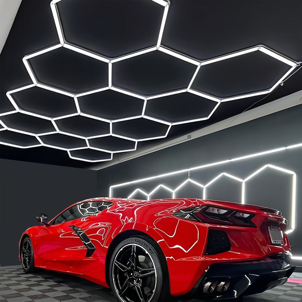 Paquete de 14 luces LED hexagonales con bordes - Luces de garaje, 680W 72420LUMEN luz blanca fría 6500K, iluminación de techo LED hexagonal para garaje, estudio, almacén, taller de detallado de autos