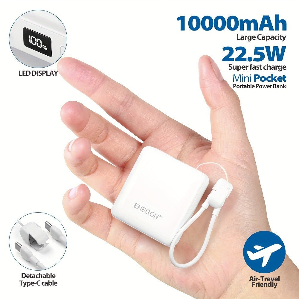 Banco de energía mini ultracompacto de 22.5W y 10000mAh con cable USB-C incorporado, cargador portátil con pantalla digital LED, paquete de batería de carga rápida para iPhone 16/15/14/13 Pro/Samsung/teléfono Android, batería externa de respaldo de tamaño