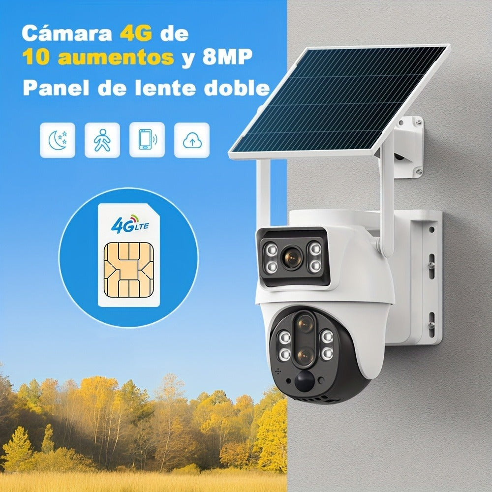 Cámara de Seguridad Exterior con Energía Solar, Tarjeta SIM y 4G LTE - Lente Dual HD 8MP, Zoom 10x, Detección de Movimiento/Humanos, Comunicación Bidireccional, Visión Nocturna a Color, para Vigilancia en el Hogar (No)
