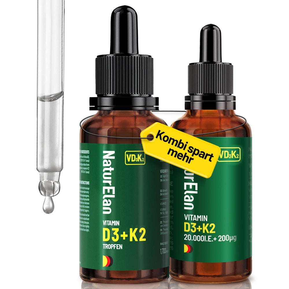 Gotas de Vitamina D3 K2 de Dosis Alta - 50 ml, 1000 IU de Vitamina D3 por Día por Gotita, Dosis Alta - Vegana, Sin Aditivos, Producido en Alemania.