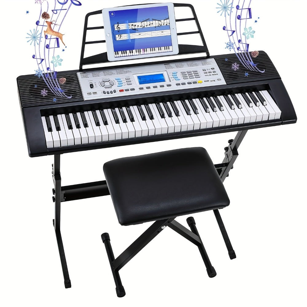 Conjunto de Piano Teclado Eléctrico de 61 Teclas, Diseñado para Principiantes, con 500 Sonidos y un Modo de Enseñanza de Tres Niveles, Incluye un Soporte, Taburete, Pantalla LCD y Atril