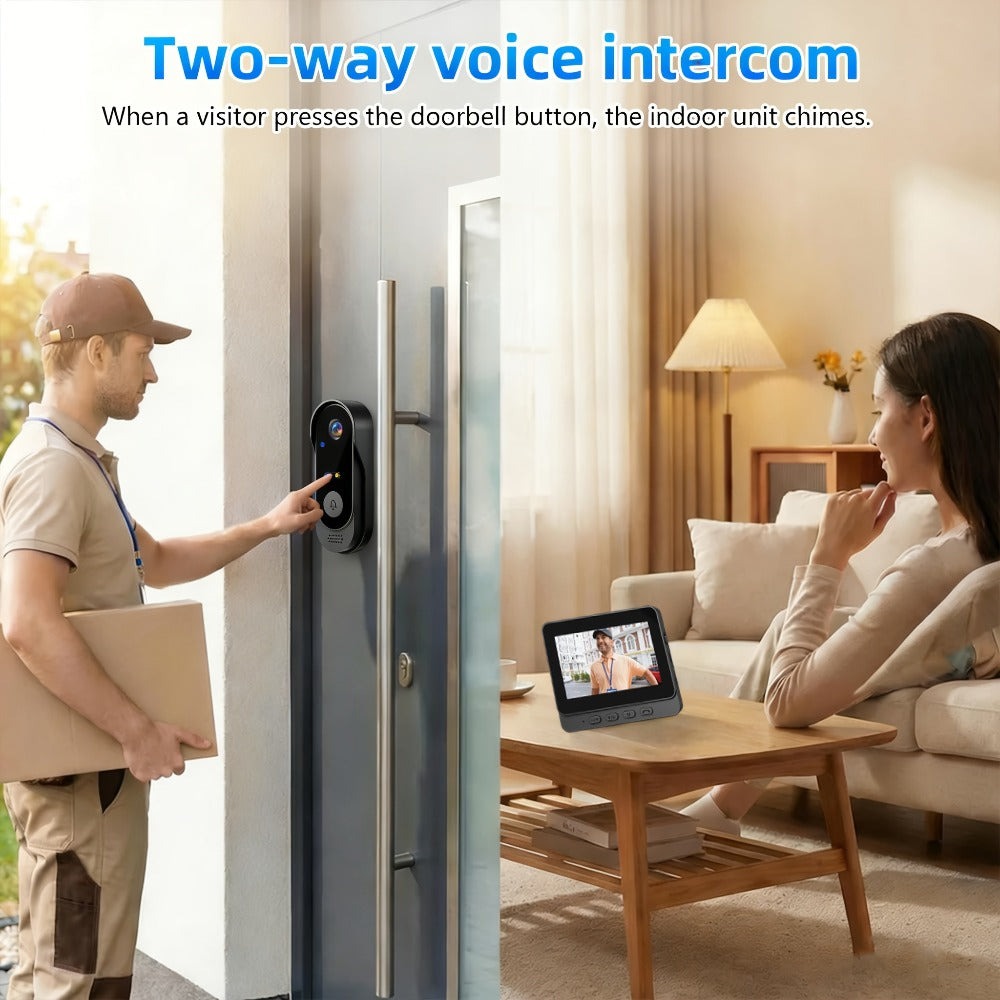 Timbre de video sin varillas con pantalla de 4.3 pulgadas, kit de cámara de seguridad para timbre sin varillas que incluye visión nocturna, intercomunicador bidireccional, grabación de imágenes y vídeo, almacenamiento ampliable con tarjeta SD, apto para v