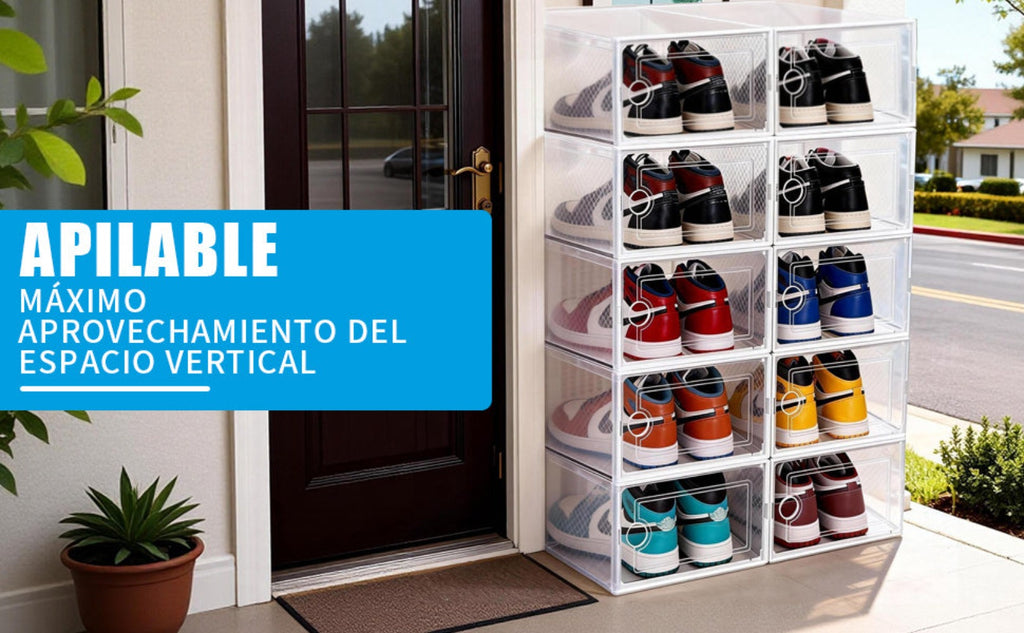 VORTEX Pack Organizador de Calzado Cajas de Zapatos Blancas y transparentes Apilables con Apertura Frontal，Sistema Antivuelco y Ventilación