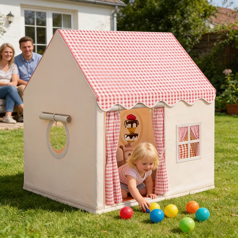Tienda de campaña estilo casa a cuadros rosa y blanco - Casa de juegos extra grande para interiores y exteriores para niños | Se pliega para un fácil almacenamiento | Casa a cuadros rosa grande | Regalo perfecto para vacaciones y cumpleaños para niños y n