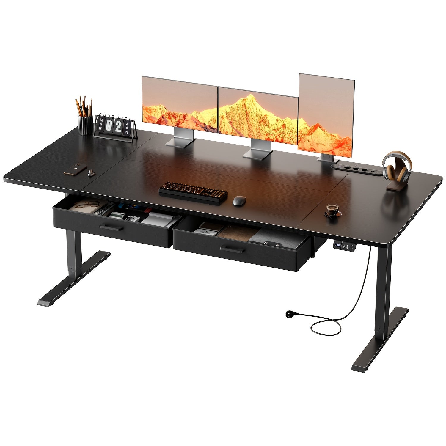 Furnishia Escritorio Eléctrico Elevable con Tomas de Corriente, Escritorio Inteligente con Panel de Memoria y Altura Ajustable con 2 Cajones, Escritorio para Oficina y Estación de Trabajo para Escritura