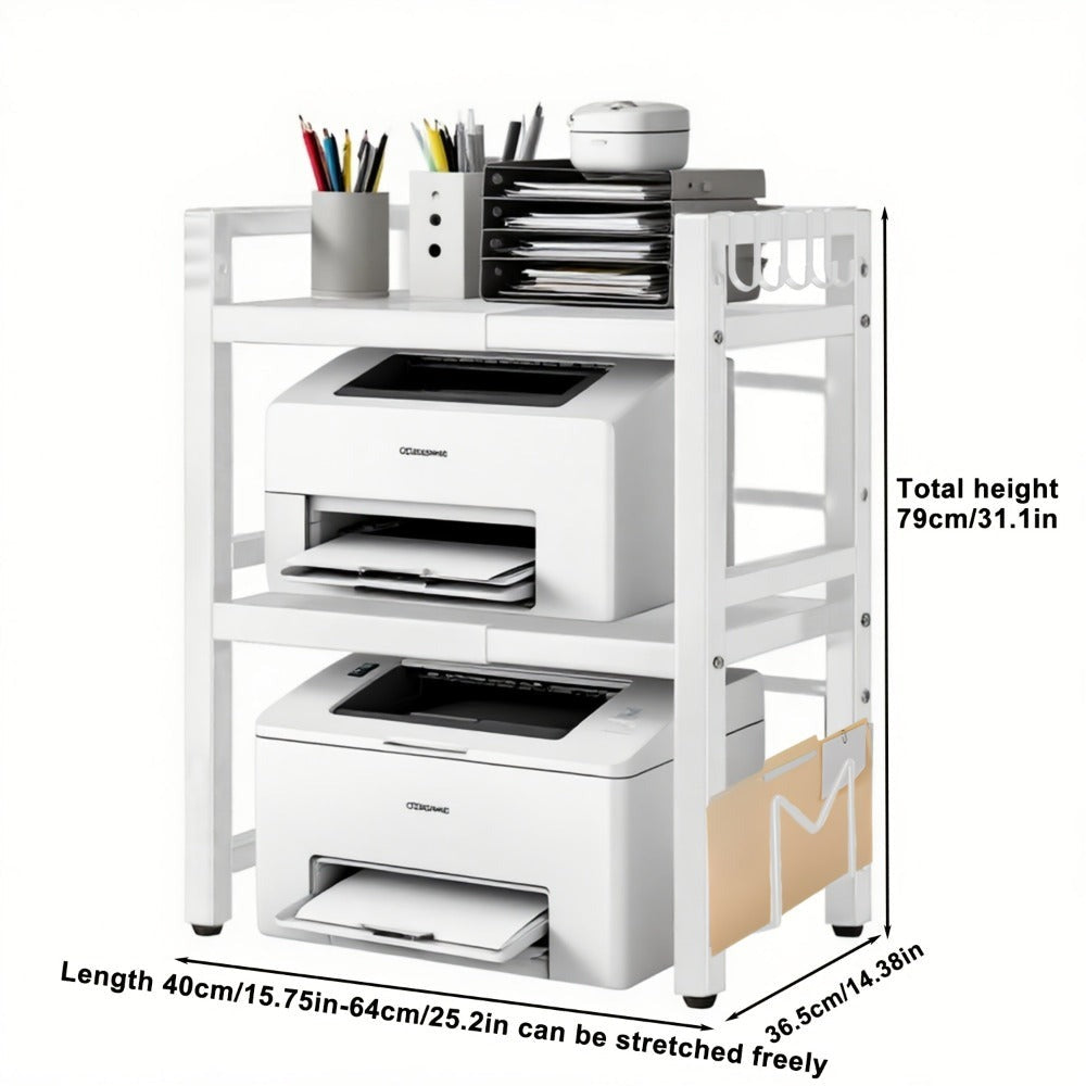 Soporte para impresora de 2/3 niveles - con 3 ganchos, soporte para tabla de cortar y portalápices, diseño expandible, adecuado para el hogar y la oficina, puede contener fotocopiadoras y escáneres (Negro, Blanco)