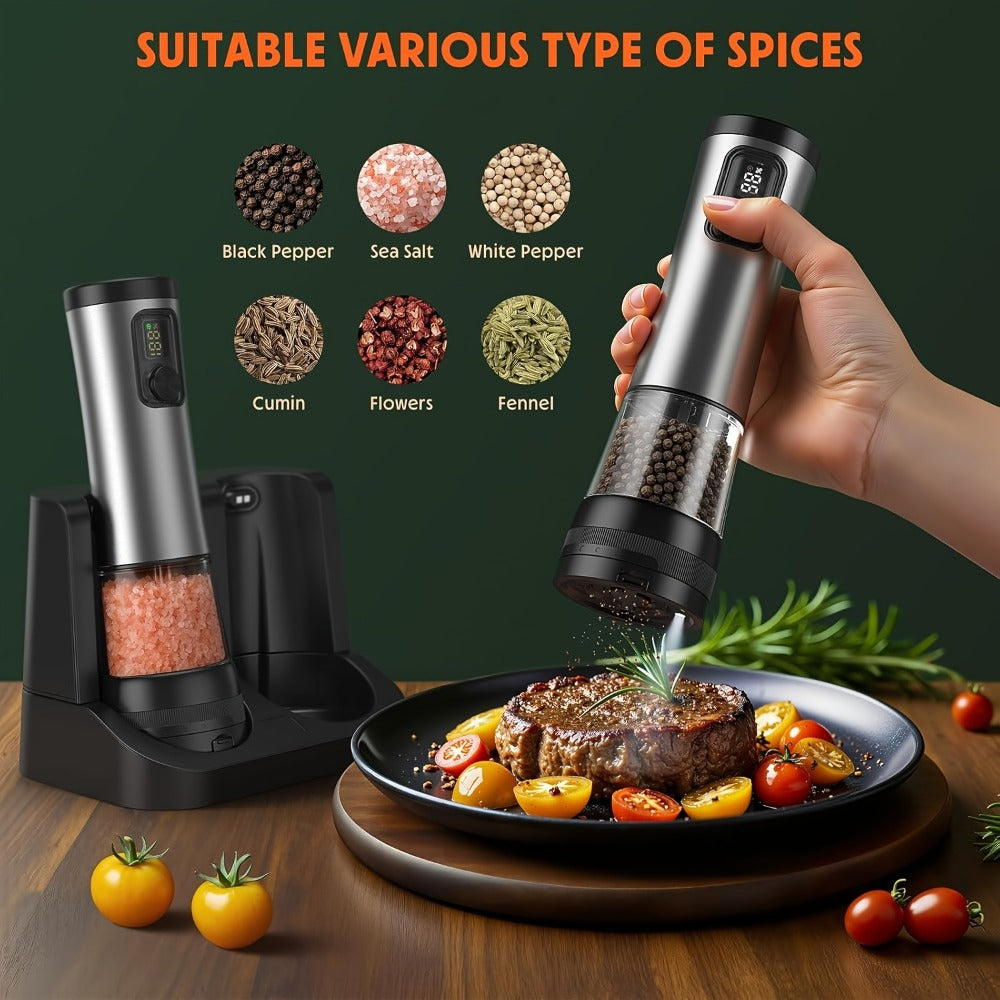 Molinillo eléctrico de sal y pimienta automático, ajustable de 5 velocidades de grueso con una sola operación y recargable, de acero inoxidable, apto para cocina, apto para sal marina, especias, pimienta con pantalla LED, para uso comercial