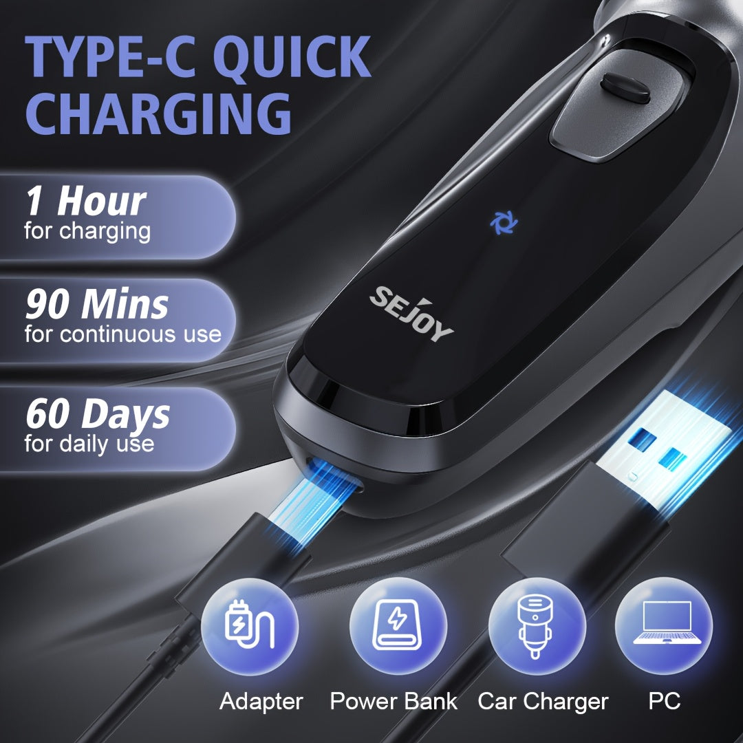 Afeitadora Eléctrica para Hombre, Afeitadora Eléctrica SEJOY para Hombre Rostro, Afeitadora Recargable Húmeda Seca con Recortadora Emergente, Carga Rápida de 1 Hora, Cabezal Flotante 3D, Indicador de Energía LCD