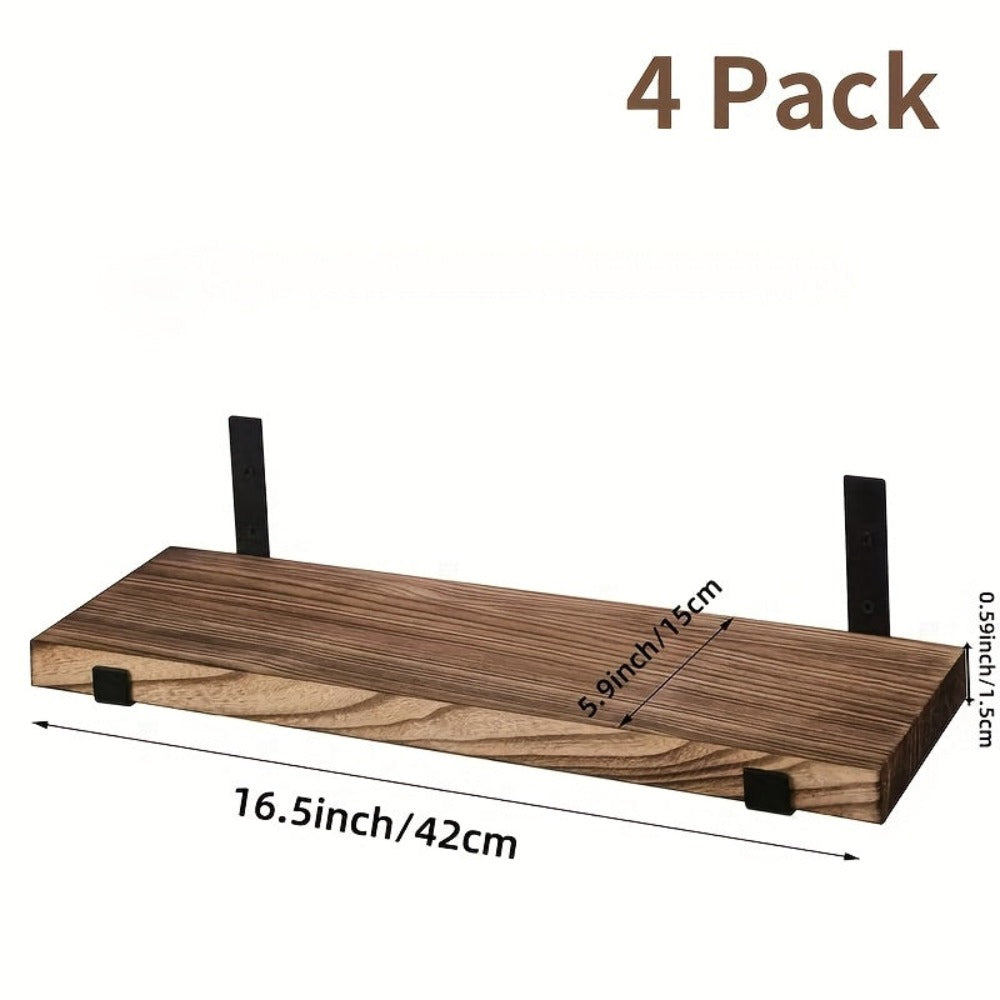 Un juego de cuatro estantes de pared rústicos de madera marrones, ideales para almacenamiento flotante en la cocina, el dormitorio y la sala de estar, estantes flotantes