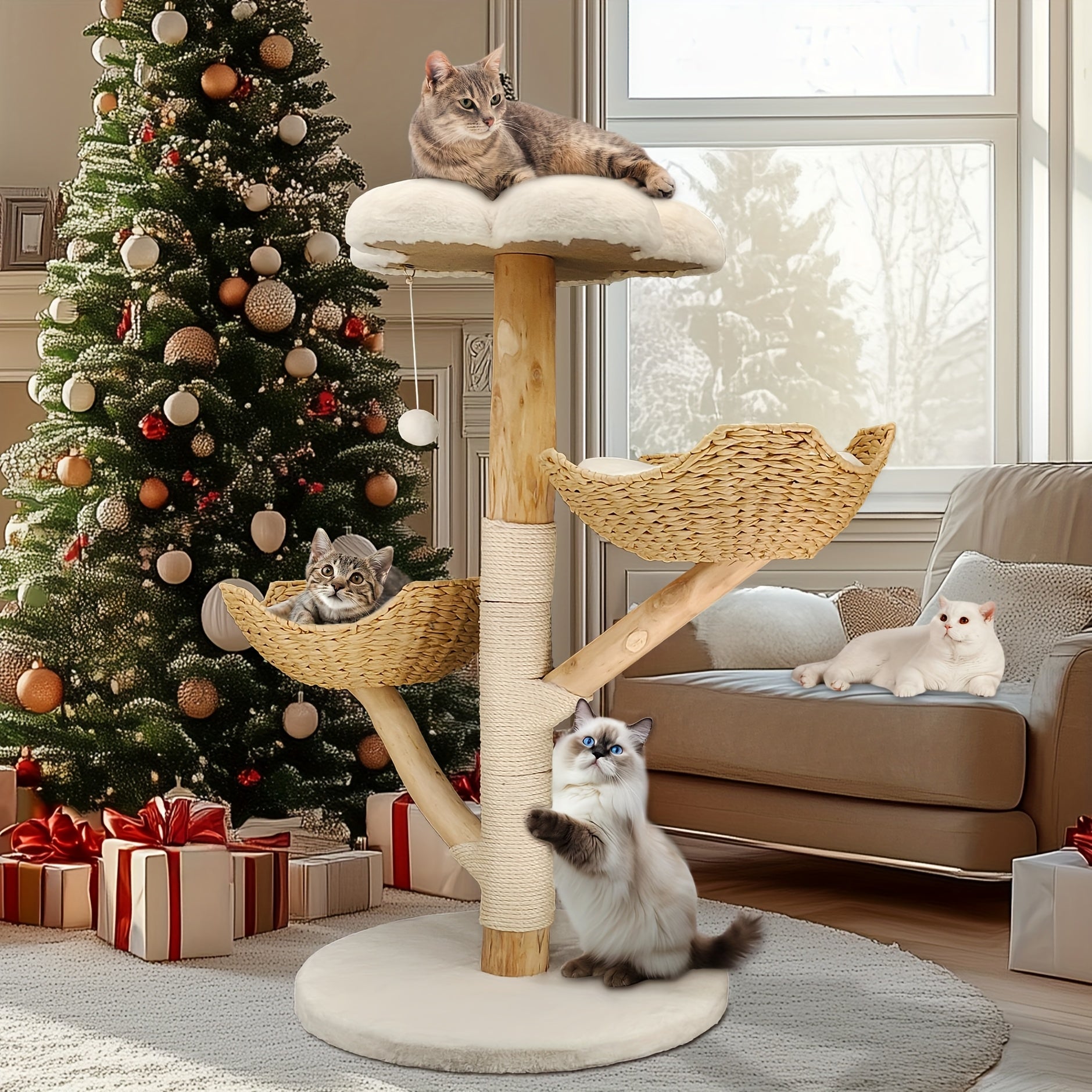 Árbol para gatos de 60X110Cm, Condominio de felpa de varios niveles con 2 postes rascadores, 2 perchas, hamaca, cueva, casa para gatos estable y anti-inclinación para dormir/jugar, fácil montaje, árbol de Navidad perfecto para gatitos y gatos de interior,