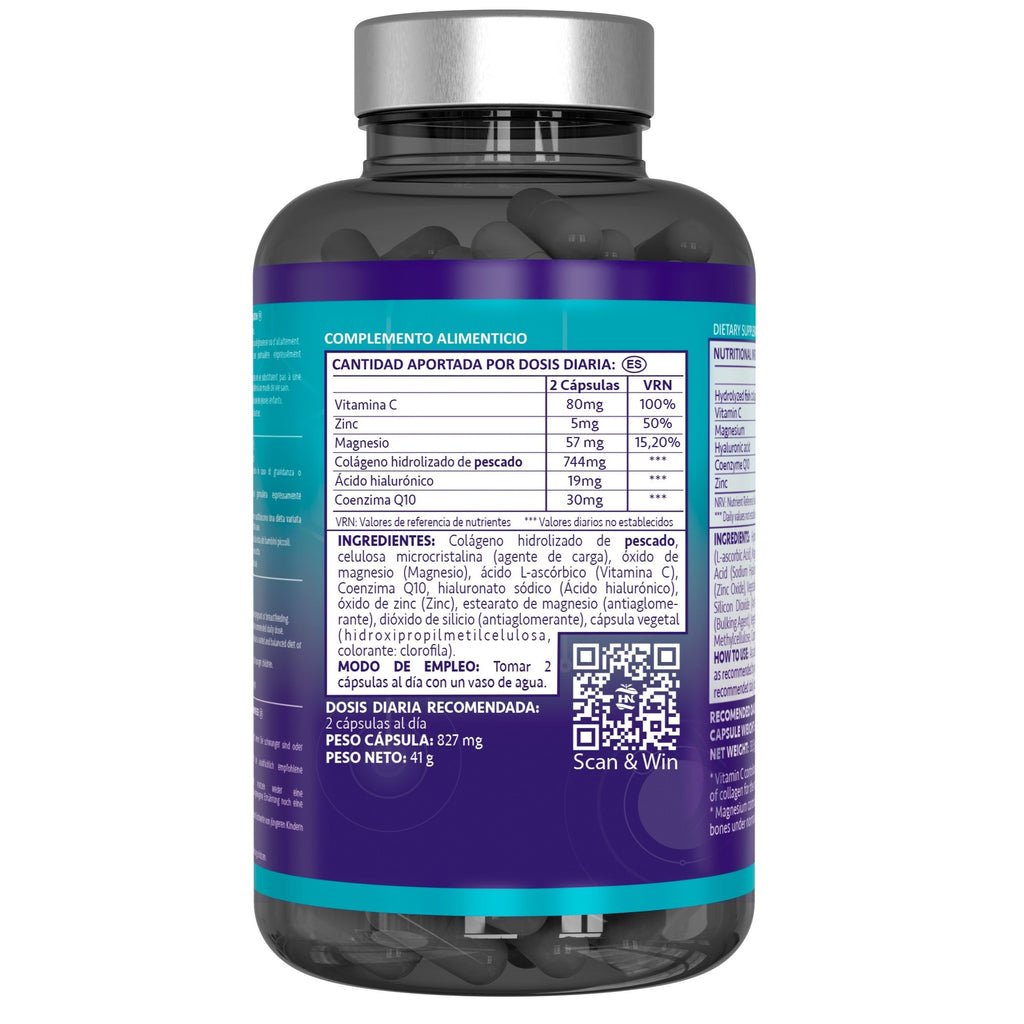 Colágeno Marino Hidrolizado con Ácido Hialurónico, Coenzima Q10, Vitamina C y Zinc | Complemento Alimenticio para el Cuidado de la Piel y Bienestar General