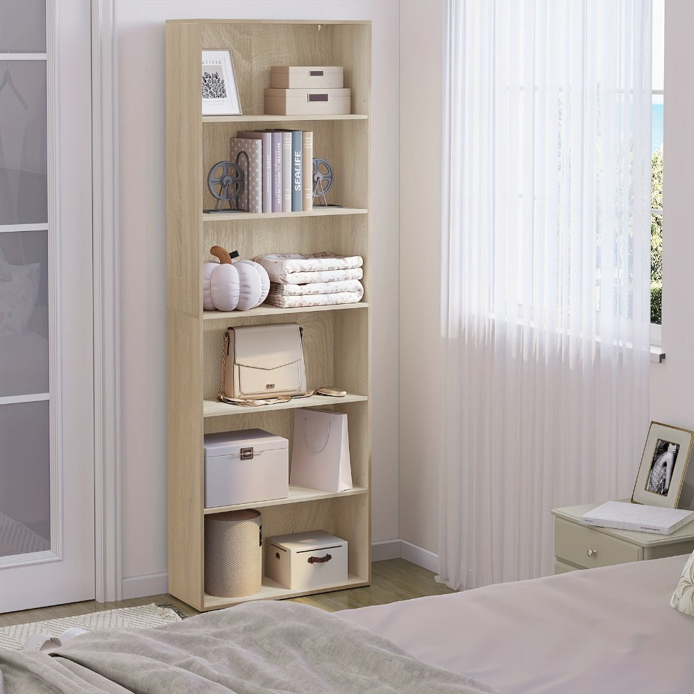 Estantería Ajustable de 6 Niveles | Estante de Almacenamiento Independiente Abierto, Estante de Partición, Adecuado para Oficina y Estudio, Roble Claro y Blanco, Dimensiones: 60x180x23.5 cm, Independiente, Requiere Montaje