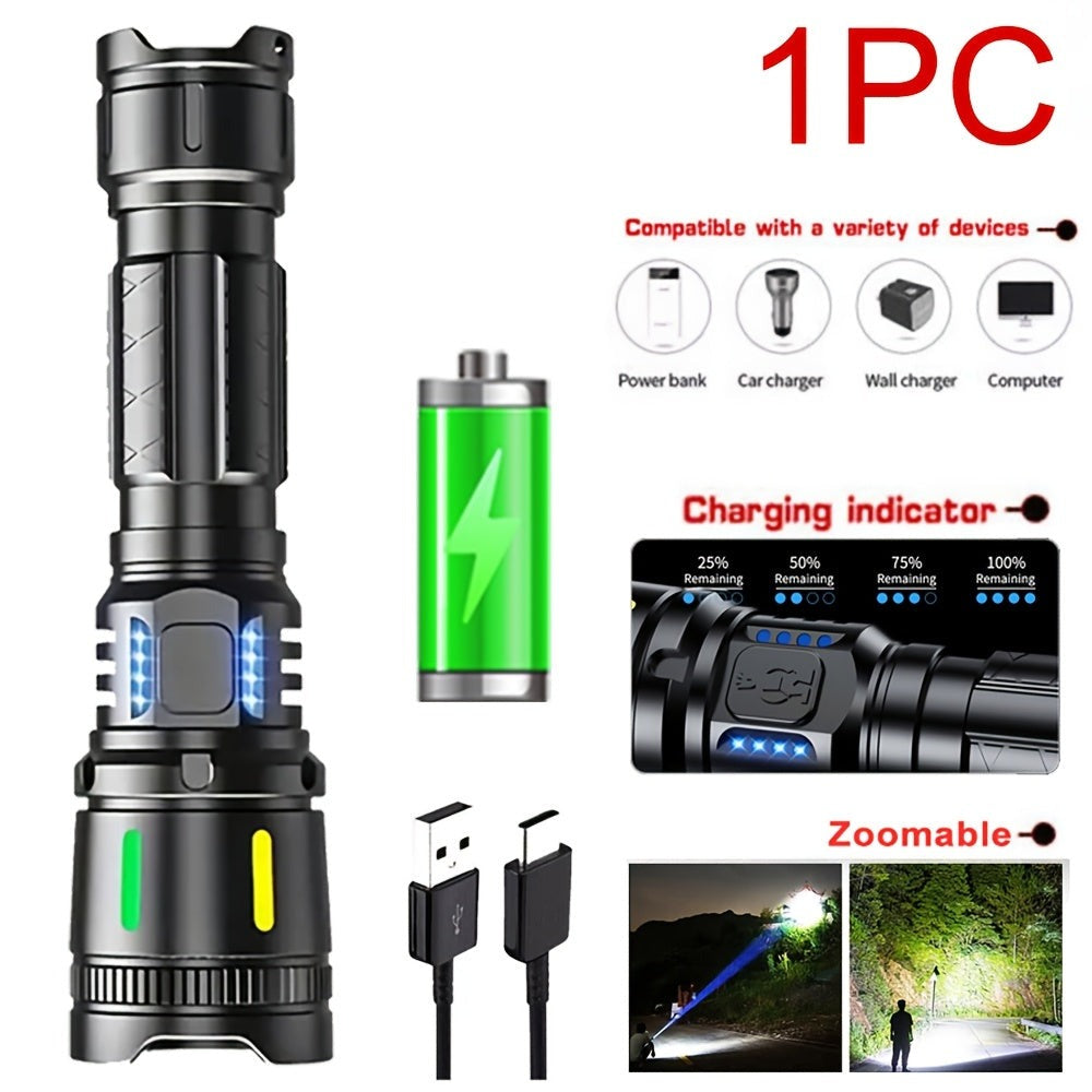 Una potente linterna recargable de alto brillo, con un diseño LED portátil zoomable, cuatro modos de iluminación y un display electrónico inteligente. Ideal para camping, emergencias en el hogar, caza, senderismo y pesca.