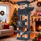 Árbol para gatos extra alto de 210 cm con 8 postes rascadores y 2 cuevas - Muebles para gatos de múltiples niveles de alta resistencia, tapete lavable, hamaca y pelotas de felpa - Torre para gatos grande con base resistente
