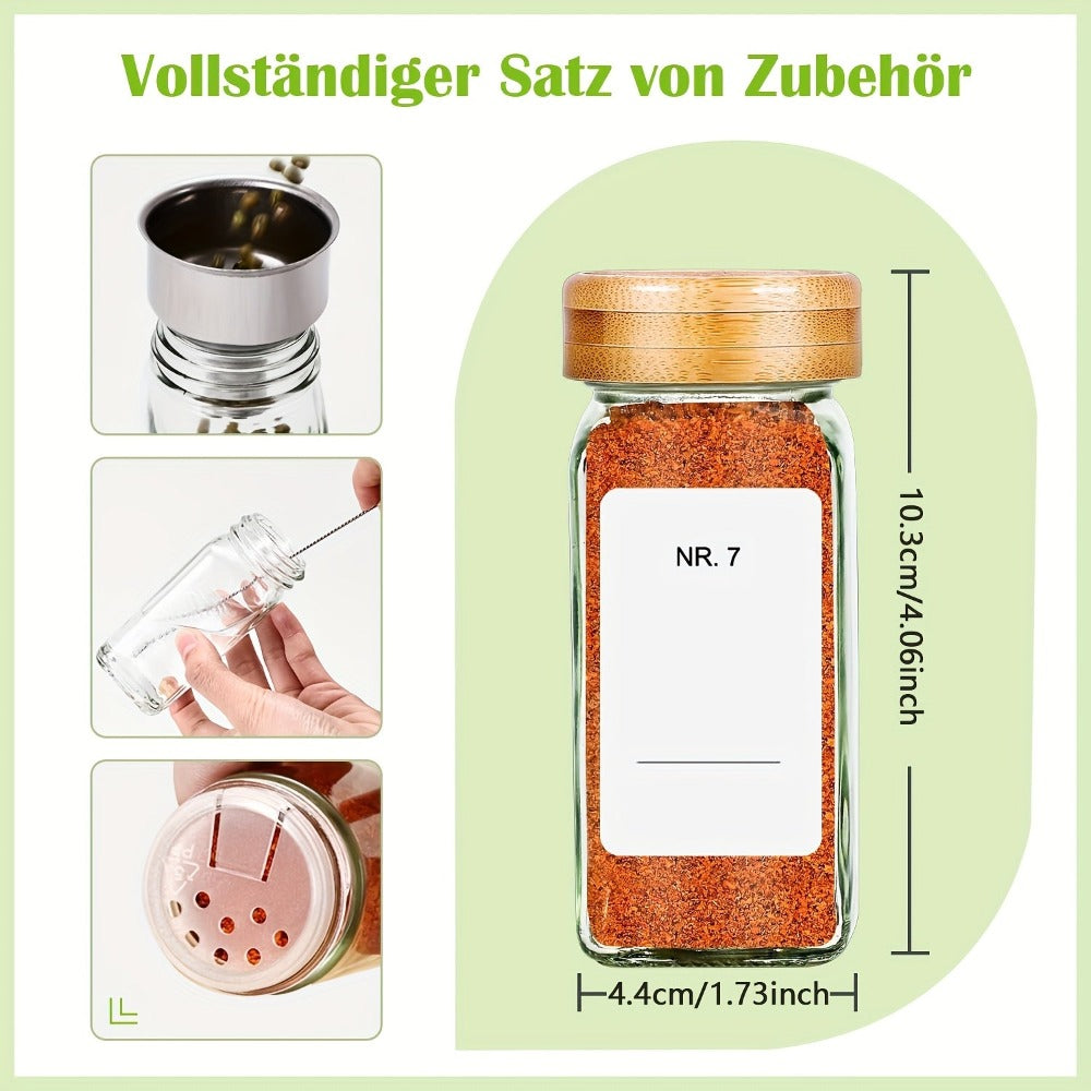 Juego de 24 frascos cuadrados para especias, cada uno de 120 ml, con tapas de bambú y etiquetas manuscritas para organizar y guardar especias en la cocina