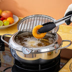 Olla freidora de acero inoxidable con tapa, sartén para freír profunda que ahorra aceite con termómetro, utilizada para freír papas fritas, alitas de pollo y camarones, compatible con estufas de gas y placas de inducción, utensilios de cocina | Suministro