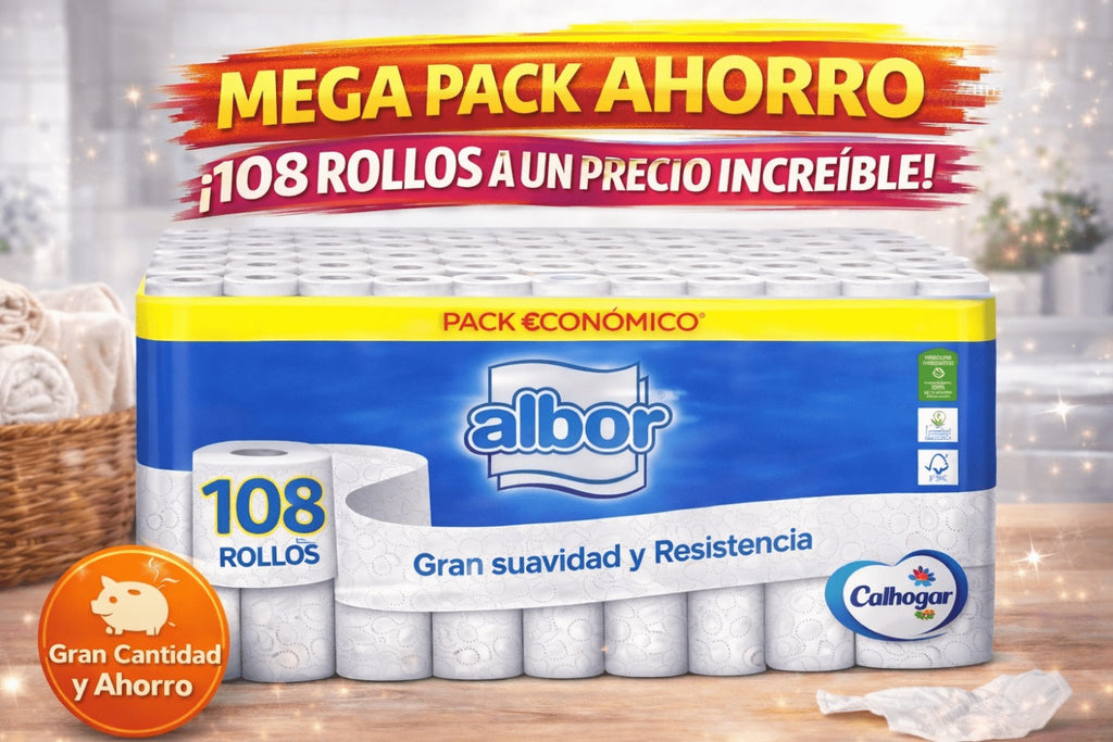 Pack promoción 108 rollos de papel higienico Albor Colhogar marca Española calidad y seguridad en cada uso.