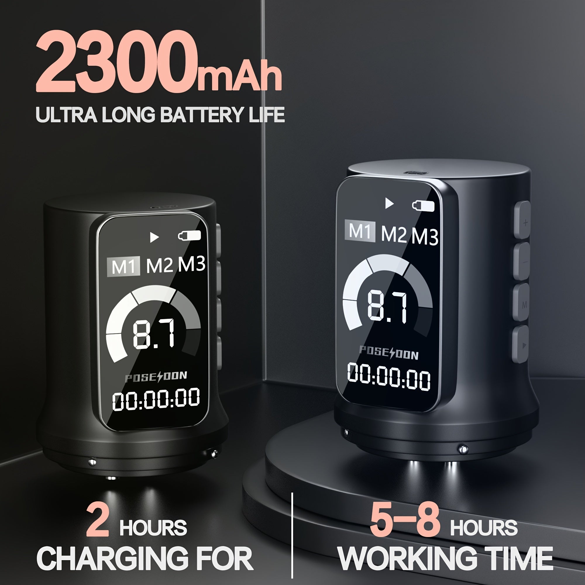Kit de pluma máquina de tatuaje rotativa inalámbrica POSEIDON, motor sin núcleo de trazo ajustable de 2.4-4.2 mm, dos baterías con pantalla digital de 2300 mAh, viene con 10 agujas de tatuaje y otras adiciones