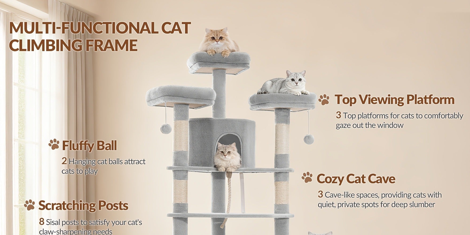 Árbol para gatos de 220 cm de varias capas con 3 casitas para gatos, 3 plataformas, 3 hamacas, 8 postes de sisal, 1 bola de pelo y 1 cuerda de sisal