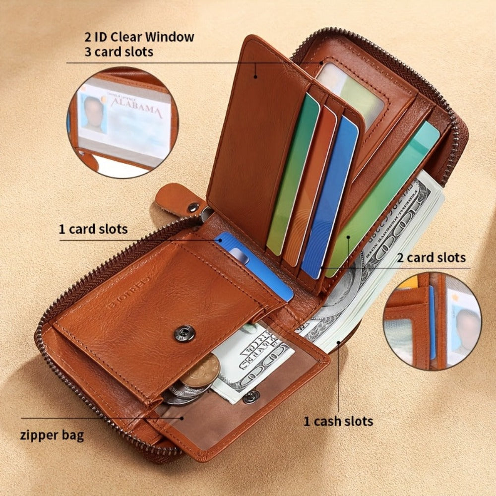 Nuevo billetero corto de cuero genuino para hombre con gran capacidad, cremallera, diseño triplamente plegable y tarjetero ultradelgado