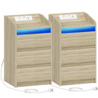 Juego de 2 Cajoneras con 3 Cajones, Mesa Auxiliar con Estación de Carga y LED, 2 Tomas de Corriente y 2 Puertos USB, Almacenamiento para Dormitorio, Libros y Artículos Varios en Sala y Dormitorio, Organización y Almacenamiento, Unidades de Cajones