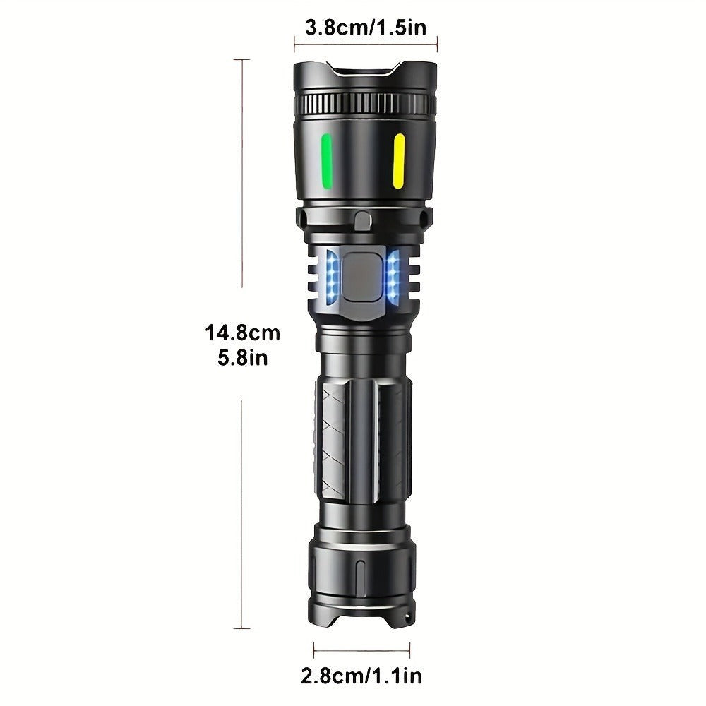 Una potente linterna recargable de alto brillo, con un diseño LED portátil zoomable, cuatro modos de iluminación y un display electrónico inteligente. Ideal para camping, emergencias en el hogar, caza, senderismo y pesca.