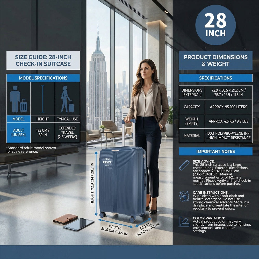 Maleta espaciosa de PP de 28" diseñada para equipaje de factura. Cuenta con ruedas silenciosas, cerradura antirrobo con contraseña y construcción duradera. Perfecta para viajes de larga distancia, viajes familiares y viajes diarios, un imprescindible para
