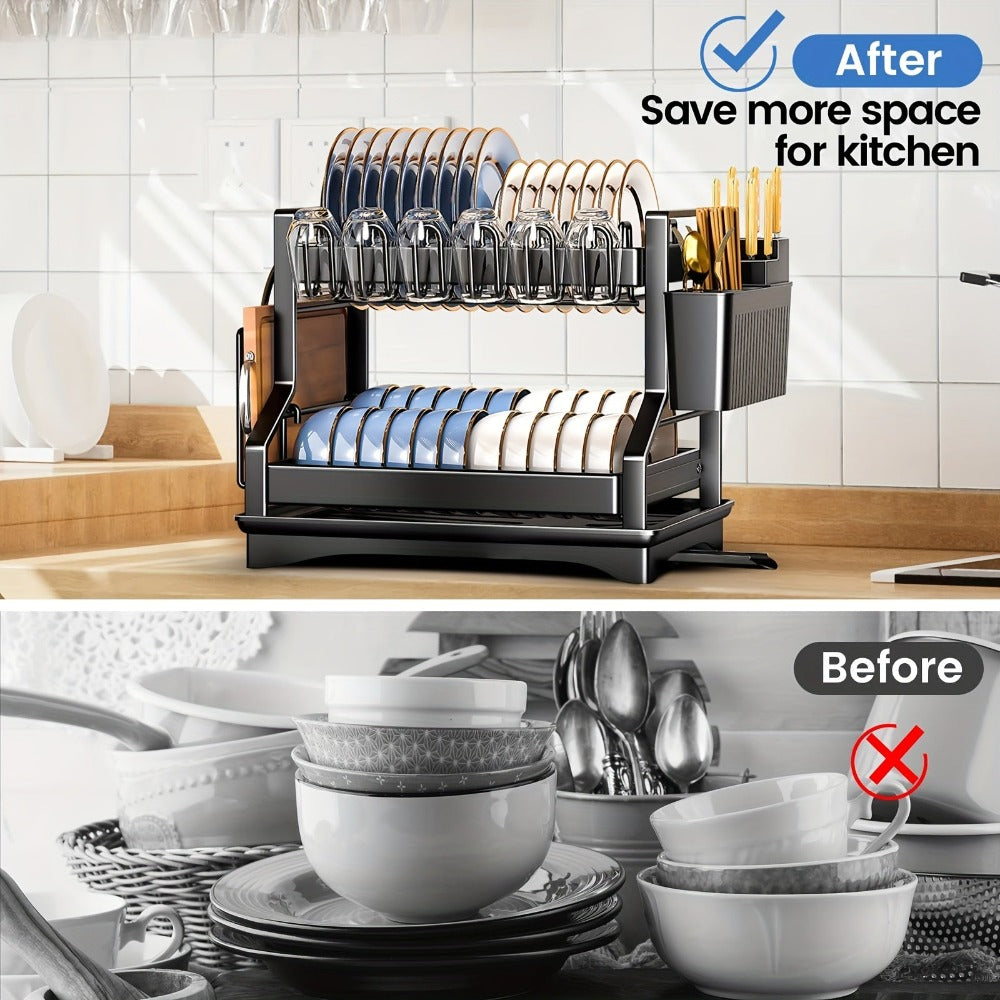 Escurridor de platos de 2 niveles de alta resistencia tipo acero con escurridor ajustable, escurridor giratorio, soportes para utensilios y tazas, organizador de encimera de cocina que ahorra espacio - Escurridor de platos compacto para platos, ollas, sar