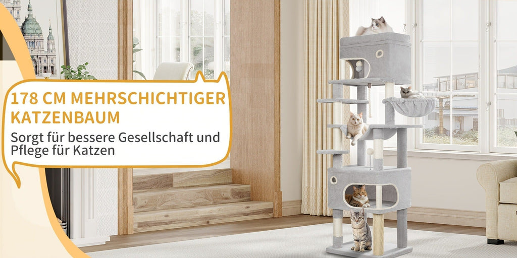Rascador para Gatos, Árbol de 178 cm con Plataforma Grande, 2 Cuevas, 7 Postes Rascaresos, Pompones, Reposaderos y Hamaca, Adecuado para Todas las Razas de Gato, Gris Claro