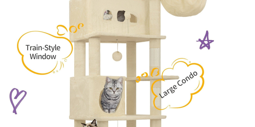 Árbol para Gatos de Interior, Torre Alta de 210 cm con Múltiples Niveles, Casa para Gatos, 8 Postes Rascadores, Hamaca y 4 Pompones