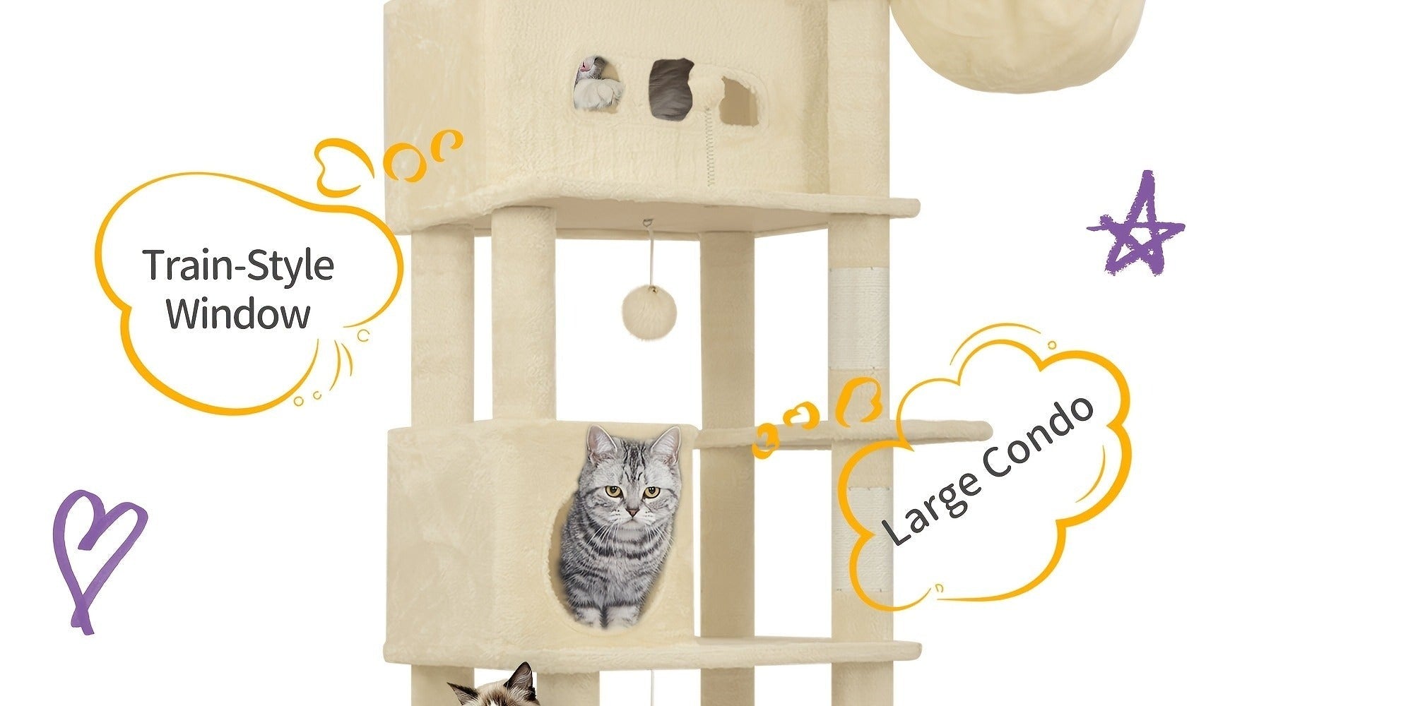 Árbol para Gatos de Interior, Torre Alta de 210 cm con Múltiples Niveles, Casa para Gatos, 8 Postes Rascadores, Hamaca y 4 Pompones