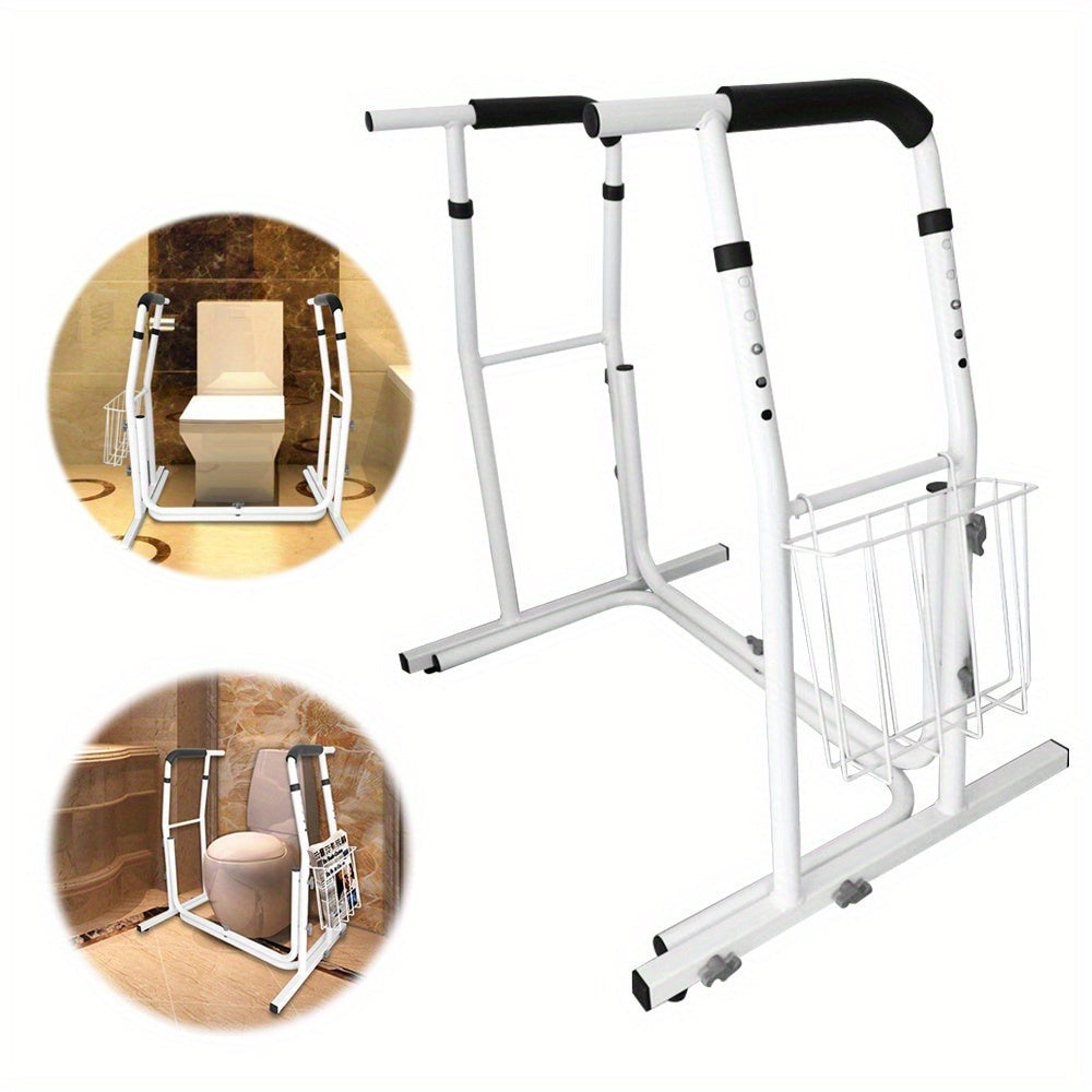 Soporte de baño móvil, ayuda de pie, ajustable en altura, con cesta de almacenamiento, barra de sujeción de baño, blanco