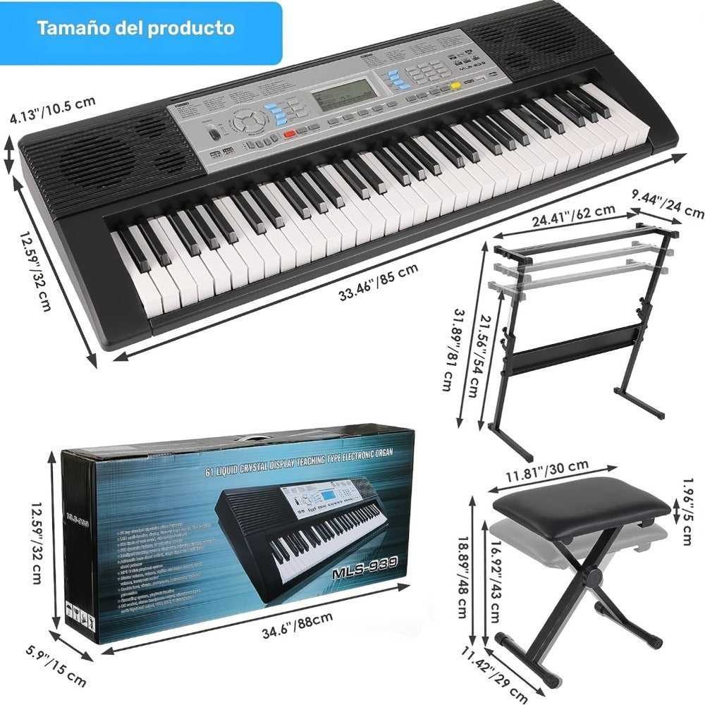 Teclado electrónico de 61 teclas diseñado para principiantes, con piano digital de 500 tonos y un modo de enseñanza de tres niveles. Incluye soporte de piano, taburete, pantalla LCD y atril.