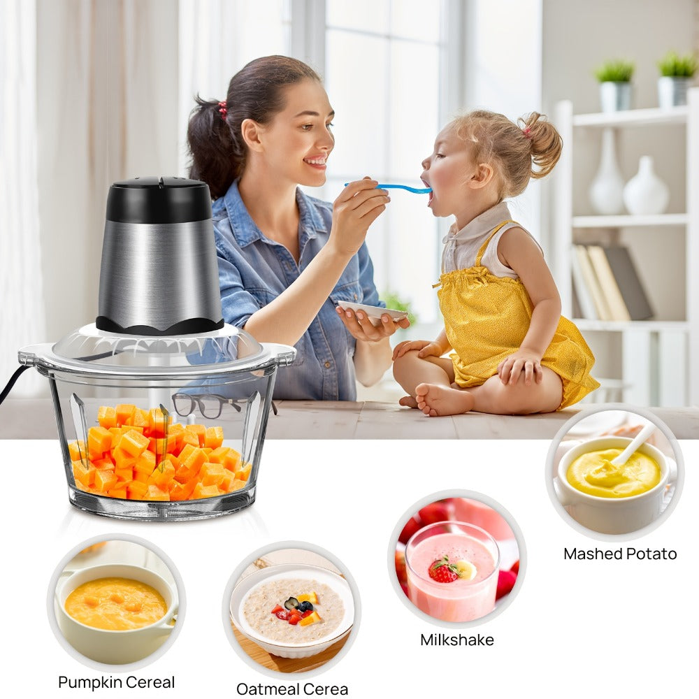 Picadora de carne eléctrica de 1600 vatios con cortador de alimentos multifunción, incluye un contenedor de vidrio de 2 litros y 4 cuchillas de acero inoxidable, 2 velocidades para carne, frutas, verduras, nueces, zanahorias y uso general en la cocina