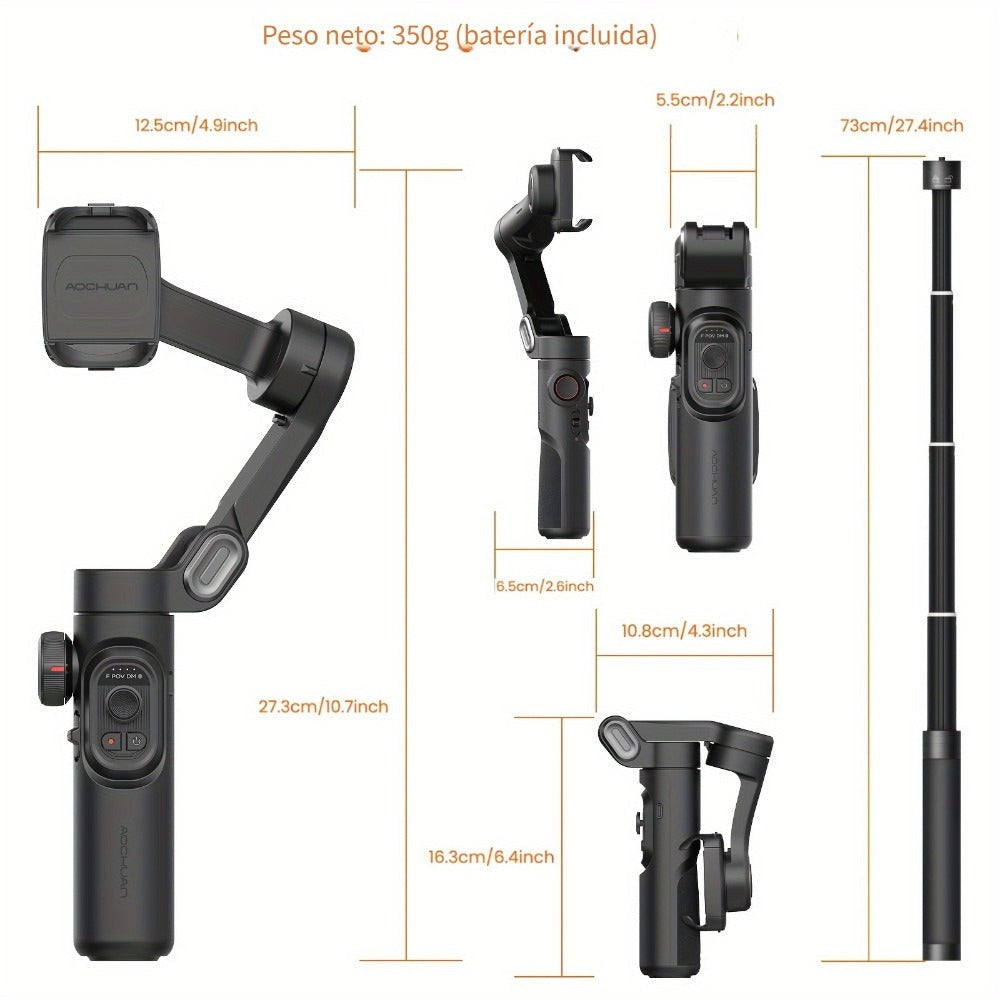 Estabilizador cardán AOCHUAN en forma de 7 de 3 ejes para smartphone, aplicación AOCHUAN, antivibración, enfoque/zoom de precisión, seguimiento de rostro/objeto, varilla plegable extensible de 73 cm, luz RGB, múltiples modos de fotografía, adecuado para v