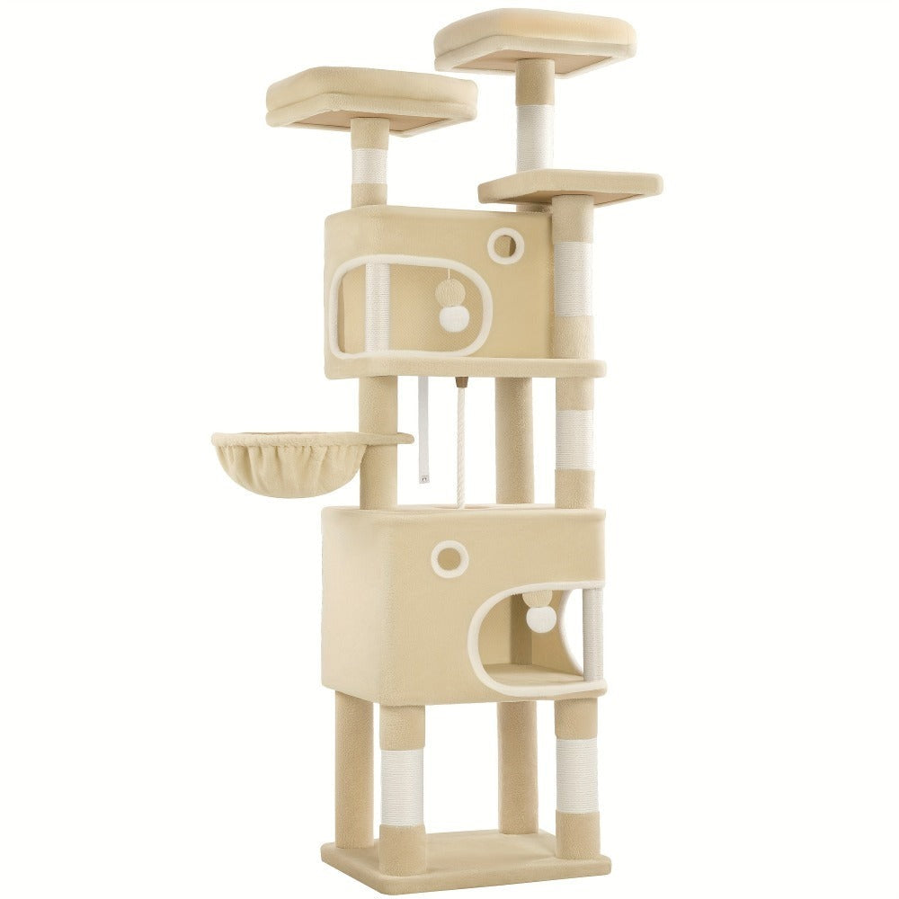 Árbol para Gatos, 180 cm con 8 Postes para Rascar, 3 Plataformas, 2 Cuevas, Cesta, Pelotas de Peluche, Cuerda de Sisal, Adecuado para Gatos de Varios Tamaños, Beige/Gris Claro/Gris Oscuro