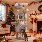 Árbol para gatos de 159 cm con 8 rascadores, 3 plataformas, 2 cuevas, cesta, pelotas de felpa, cuerda de sisal, adecuado para gatos de varios tamaños, gris claro/gris oscuro