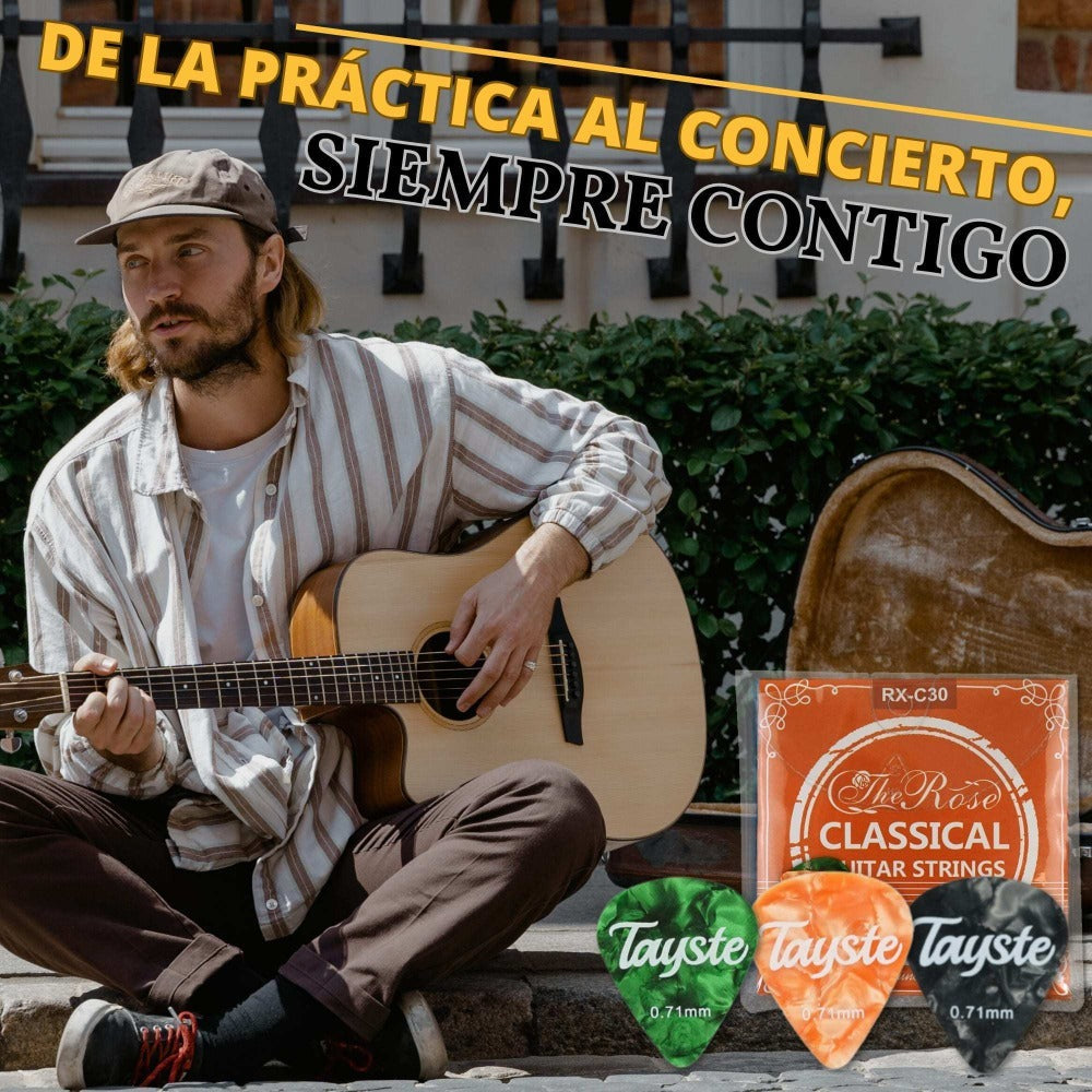 Cuerdas de Guitarra Española de Nailon Premium + 3 Púas Regalo + Toallita de microfibra Regalo | Cuerdas para guitarra clásica, española, flamenca