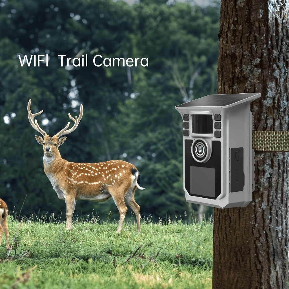 Cámara de rastro solar 4K, cámara de rastro WiFi de 64MP con visión nocturna, disparo de 0.2s activado por movimiento, cámara de caza con detección de 130°