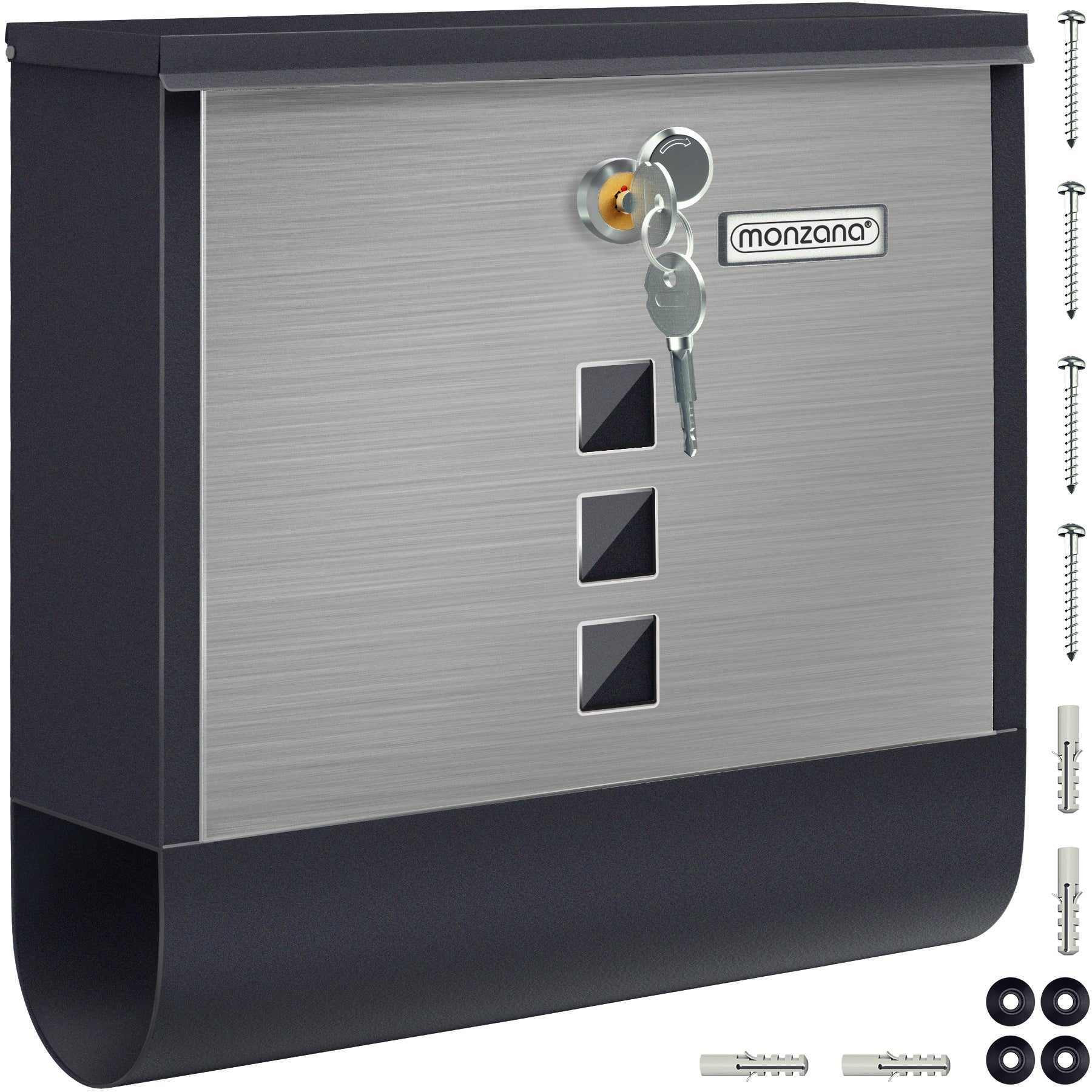 Buzón MONZANA® con Cerradura Cruzada, Cilindro de Cobre, Tapa Giratoria, 31x10x34 cm, Ventana de Visualización, Placa de Identificación, Compartimento para Periódicos, Fácil Instalación, Acero Aleado, 2 Llaves, Caja de Correo