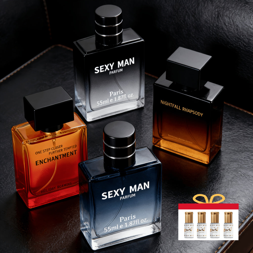 Un set de fragancias de cuatro piezas, que incluye perfume y colonia para hombre, para realzar el encanto y proporcionar un aroma duradero. Adecuado para uso personal o como regalo de vacaciones, totalizando