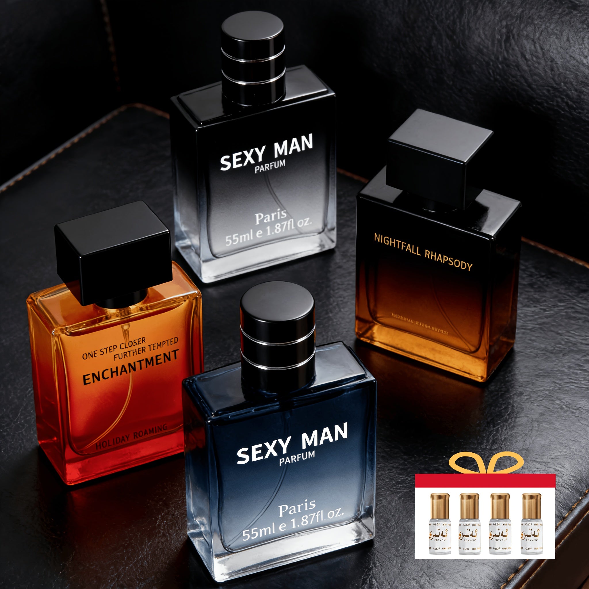 Un set de fragancias de cuatro piezas, que incluye perfume y colonia para hombre, para realzar el encanto y proporcionar un aroma duradero. Adecuado para uso personal o como regalo de vacaciones, totalizando