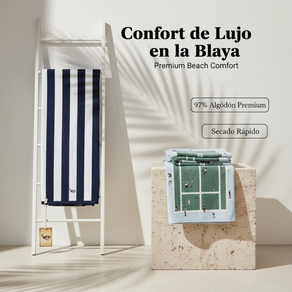 Toalla de playa grande de algodón 97% ALGODÓN 3% POLIÉSTER – XL 100x180cm Secado rápido, absorbente y ligera para piscina, playa y viajes. Diseños con estampado de rayas y tenis.