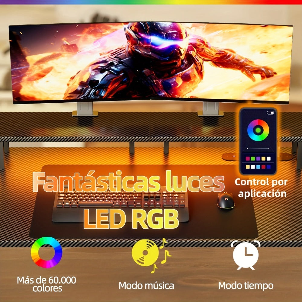 Escritorio LED con puertos de carga USB, escritorio para gaming con soporte para monitor, mesa de ordenador ergonómica con gancho para auriculares y alfombrilla de ratón, escritorio para gamer con superficie de fibra de carbono para dormitorio, , regalo d