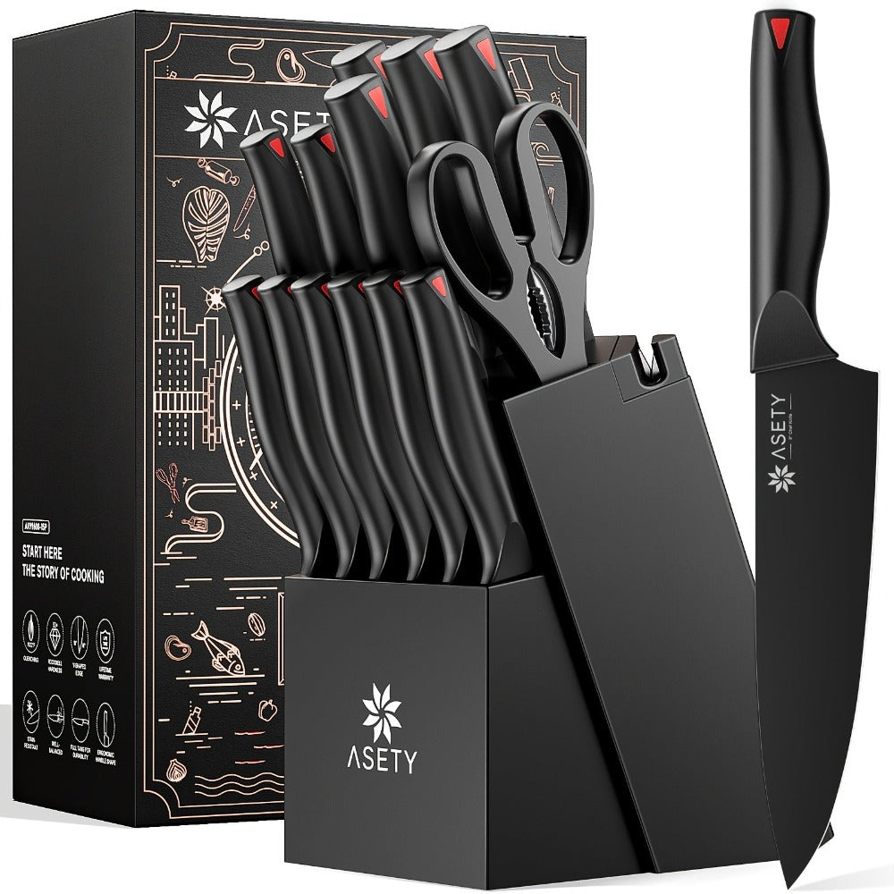 Juego de cuchillos Asety, juego de 15 cuchillos de cocina con bloque afilador incorporado, juego de bloque de cuchillos de acero inoxidable de alto carbono, seguro para alimentos NSF, juegos de cuchillos aptos para lavavajillas para la cocina, elegantes a