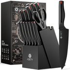 Juego de cuchillos Asety, juego de 15 cuchillos de cocina con bloque afilador incorporado, juego de bloque de cuchillos de acero inoxidable de alto carbono, seguro para alimentos NSF, juegos de cuchillos aptos para lavavajillas para la cocina, elegantes a