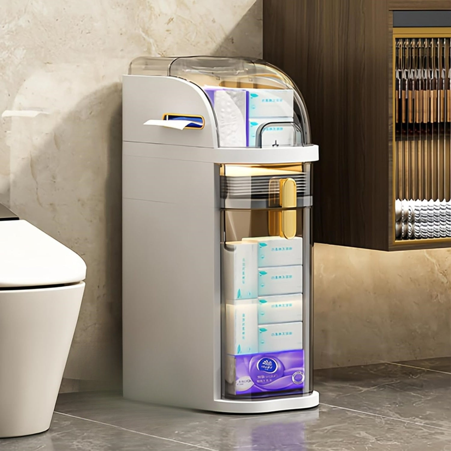 Organizador de baño estrecho de 4 niveles, gabinete de almacenamiento para baño delgado de 7.1″ con cajones y caja de pañuelos, armario móvil de plástico impermeable con ruedas para cocina pequeña, lavandería, sala de estar, unidades de cajones de almacen