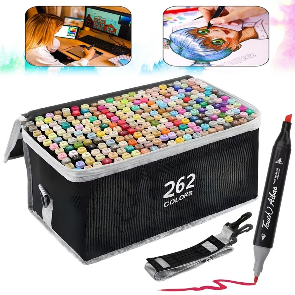 Juego de 262 rotuladores de doble punta con estructura cuadrada y bolsa de almacenamiento para pintar, dibujar y diseñar, suministros de pintura, herramientas de arte, herramientas de grabado, rotuladores de pintura